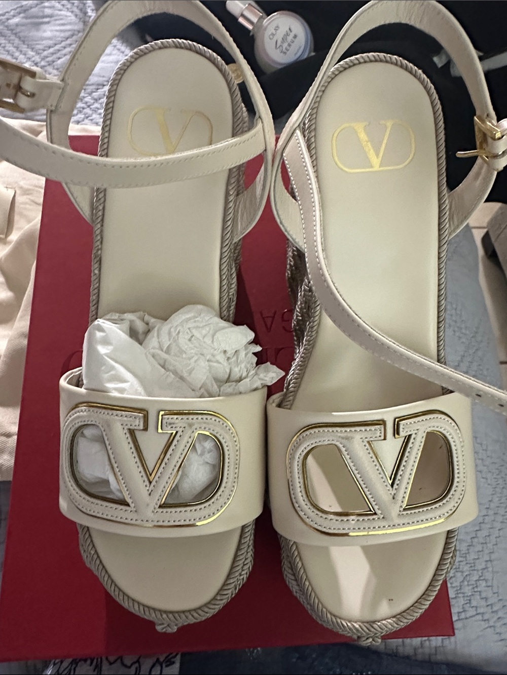 Valentino Garavani Ivory Leather VLogo Sandals with Gold Hardware